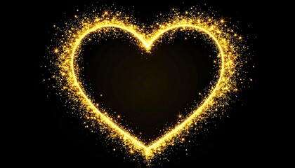 A golden heart shape outlined with sparkling particles on a black background