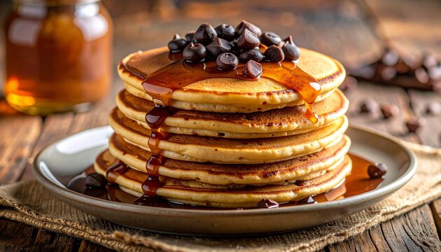 Stack of pancakes with chocolate chips and syrup on a rustic wooden table - Powered by Adobe