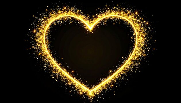 A golden heart shape outlined with sparkling particles on a black background