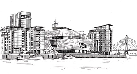 Fototapeta premium Cardiff Bay, Wales sketch with the Wales Millennium Centre. A detailed hand-drawn black and white illustration of the modern Welsh waterfront.