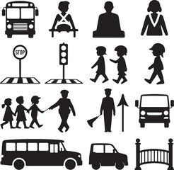 School Safety and Transportation Icons Set Silhouette school bus traffic light
