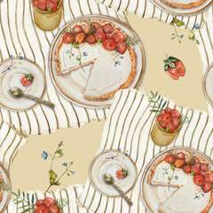 seamless pattern f a cozy dessert scene: strawberry pie on a striped cloth with vintage plates, wooden tray, knife, and spoon. Perfect for kitchen decor, recipe cards, or food-themed designs.