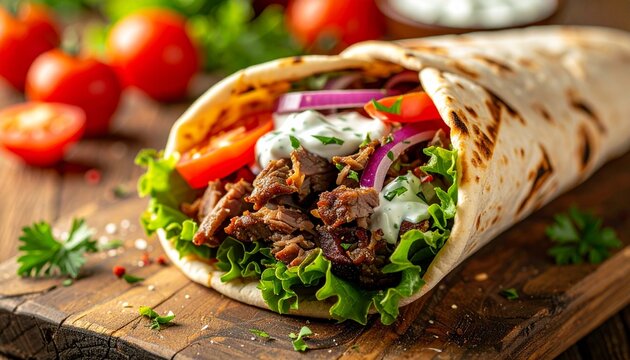 Delicious doner kebab wrapped in a toasted pita with fresh lettuce, tomato, and tzatziki sauce on a wooden cutting board.