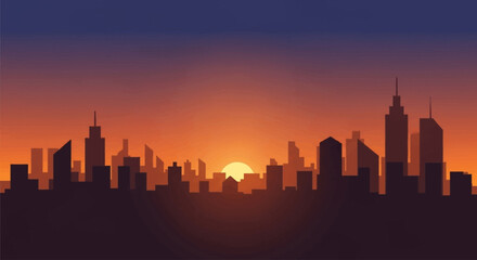 Naklejka premium Dramatic urban skyline silhouette at golden hour, featuring majestic city buildings against a vibrant gradient sky of orange and purple hues at dawn or dusk
