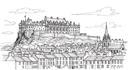 Hand-drawn sketch of Edinburgh Castle in Edinburgh, Scotland. A detailed black and white illustration of the historic fortress on Castle Rock.