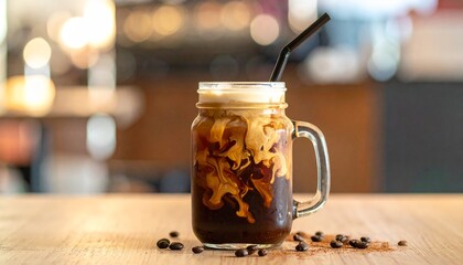 Mason jar with iced coffee and straw on a wooden table with coffee beans scattered around it in a blurred cafe background.