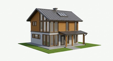 Two-story house with modern design and metal roof.