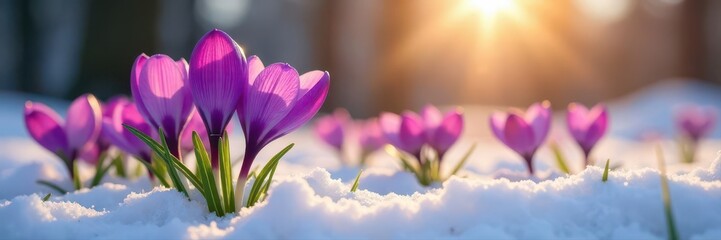 Naklejka premium Snow-kissed purple crocuses bloom brilliantly in the sun's rays, thaw, ray, beautiful