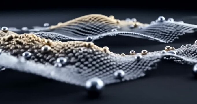 Silver spheres dot textured waves on a dark plane creating an abstract landscape