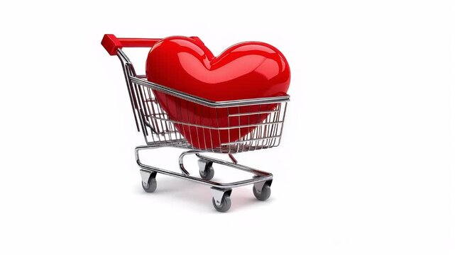 A3D shopping cart with a large red heart symbolizing love and health. The cart is metallic with a sleek design, and the heart symbol is a vibrant red. The background is plain white.