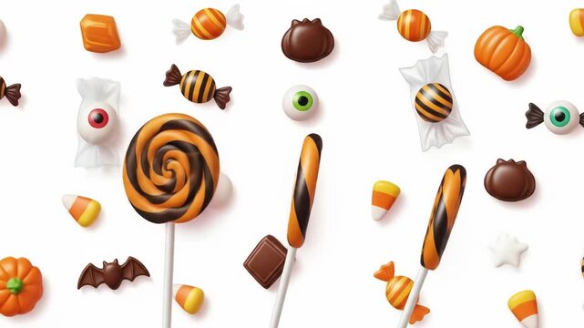 A festive assortment of Halloween candies, including striped lollipops, candies, pumpkins, eye-shaped sweets, and candy corns against a white background