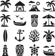 Tropical Island Paradise Vacation Icons Set Keywords: beach, palm tree, hut, volcano, hammock