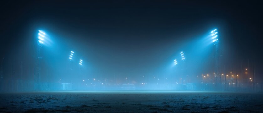 The illuminated hockey field shrouded in fog and atmospheric lights at night.