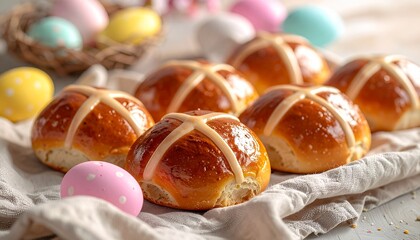 Close-up of hot cross buns on a beige cloth with colorful Easter eggs.