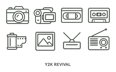 Y2k revival: icons featuring camera, cassette, film, tv, radio symbols