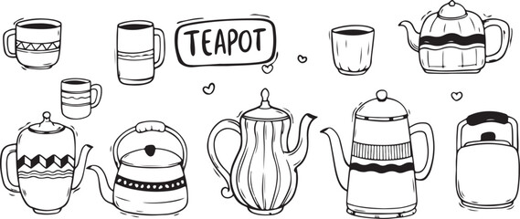 Teapot and Kitchen Utensils Doodle Vector – Tea, Coffee, Drink, Cup, Jug, Household, Outline, Minimal, Flat, Black, Creative, Icon, Symbol, Art, Design, Illustration, Cooking, Abstract