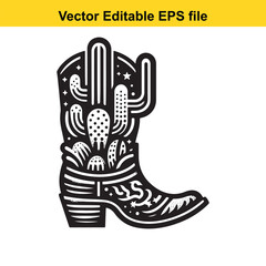 Black and white cowboy boot with cactus design isolated on white background