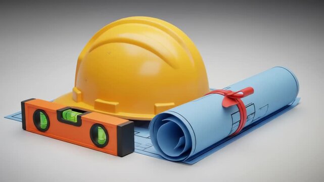 Still-life arrangement of construction hardhat, level tool and rolled blueprints