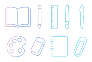 Obraz premium Glowing neon icons of art and stationery essentials on dark background