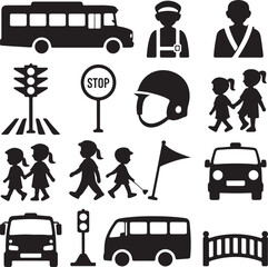 School Safety and Transportation Icons Set Keywords: school bus, crossing guard, traffic light
