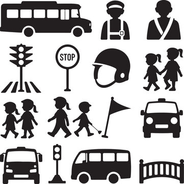 School Safety and Transportation Icons Set Keywords: school bus, crossing guard, traffic light