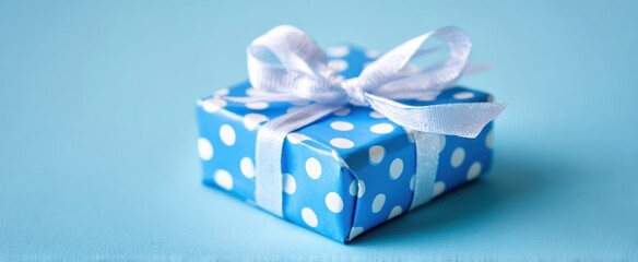 The beautiful blue gift box with polka dots and a ribbon.