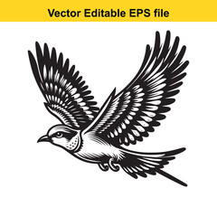 Black and white illustration of a bird in flight, isolated on white background