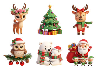 Fototapeta premium Cute christmas characters festive animals santa claus and decorated tree collection