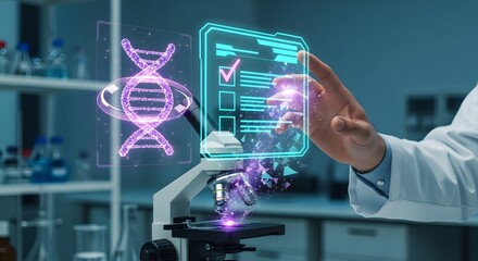 Genetic research and data analysis concept with glowing DNA and digital interface.
