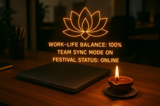 Corporate office desk with laptop and glowing diya lamp, neon lotus symbol, and holographic text about work life balance, teamwork, and festival celebration