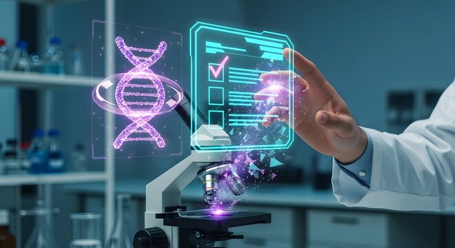 Genetic research and data analysis concept with glowing DNA and digital interface.