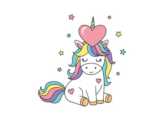 Fototapeta premium Cute sitting unicorn with colorful mane and heart above head surrounded by stars