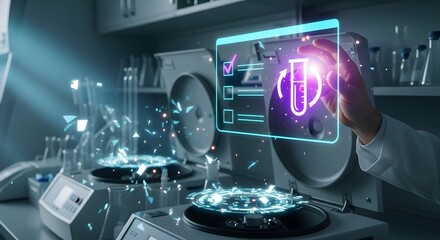 Futuristic medical diagnostics concept with holographic interface and laboratory equipment, innovation in healthcare.
