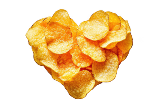 Heart shaped potato chips pile, crispy snack food, golden yellow color, delicious appetizer, unhealthy junk food, heart shape, isolated on transparent background