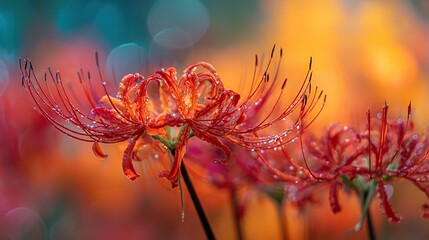 Close-up of vibrant red Spider Lilies in autumn morning light with dewdrops and soft bokeh background, symbolizing autumn season, Japanese equinox, and remembrance