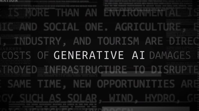Zoomed motion graphic of the term 'Generative AI' with background headlines about climate change and innovation, highlighting media urgency.
