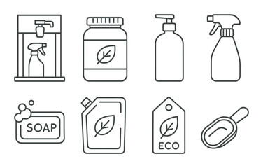 Eco-friendly cleaning product icons with leaf symbols