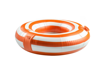 Orange and white striped inflatable swimming pool tube ring float summer fun water toy beach accessory isolated on transparent background