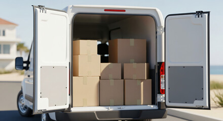 Back of a delivery van with its doors open revealing several cardboard boxes stacked and arranged neatly. The van is parked nearby a beach.