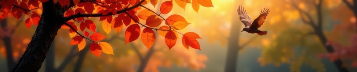 Obraz premium Vibrant autumn leaves swirling down; a lone bird in flight , vintage, texture, art