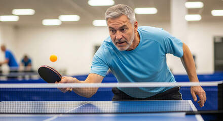 Focused active senior man playing ping pong. Sport concept for seniors, sport for pensioners, entertainment for seniors