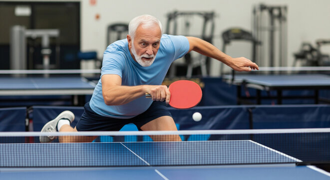 Focused active senior man playing ping pong. Sport concept for seniors, sport for pensioners, entertainment for seniors - Powered by Adobe