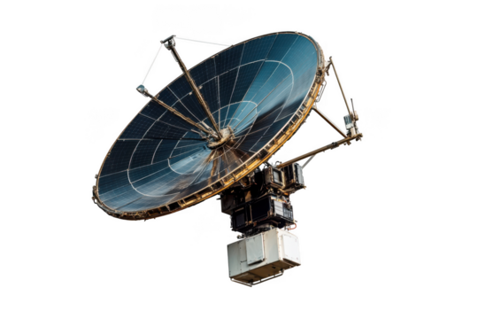 High-resolution satellite dish antenna image for telecommunications and space exploration, radio astronomy, and signal transmission applications isolated on transparent background