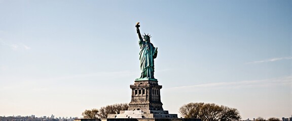 The iconic Statue of Liberty stands tall against a clear blue sky, its green patina gleaming in the sunlight 