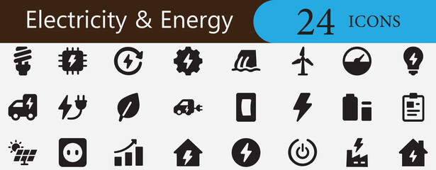 Renewable energy, green energy, solar, wind, eco power, electric car, charging, sustainable technology, electricity and energy icon set vector