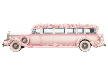 Vintage pink limousine decorated with flowers, classic car, wedding transportation, luxury vehicle, antique auto, floral design, isolated on transparent background
