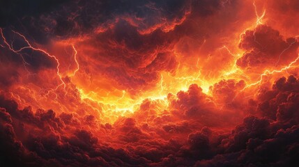Fototapeta premium A dramatic sky filled with fiery orange and red clouds, illuminated by flashes of lightning, creating a powerful and intense atmosphere.