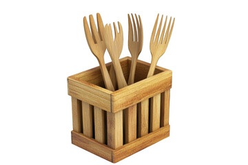 Wooden forks utensils holder kitchenware container cooking tools rustic style organizer isolated on transparent background