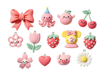 Fototapeta premium Cute kawaii charms collection adorable cartoon animals flowers fruits and accessories assortment