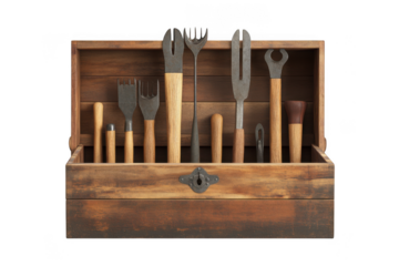 Vintage wooden toolbox with assorted garden tools, rustic gardening equipment set, antique tool collection, isolated on transparent background